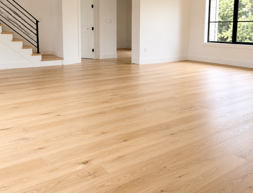 Site-finished white oak hardwood floor installation in a Maryland living room